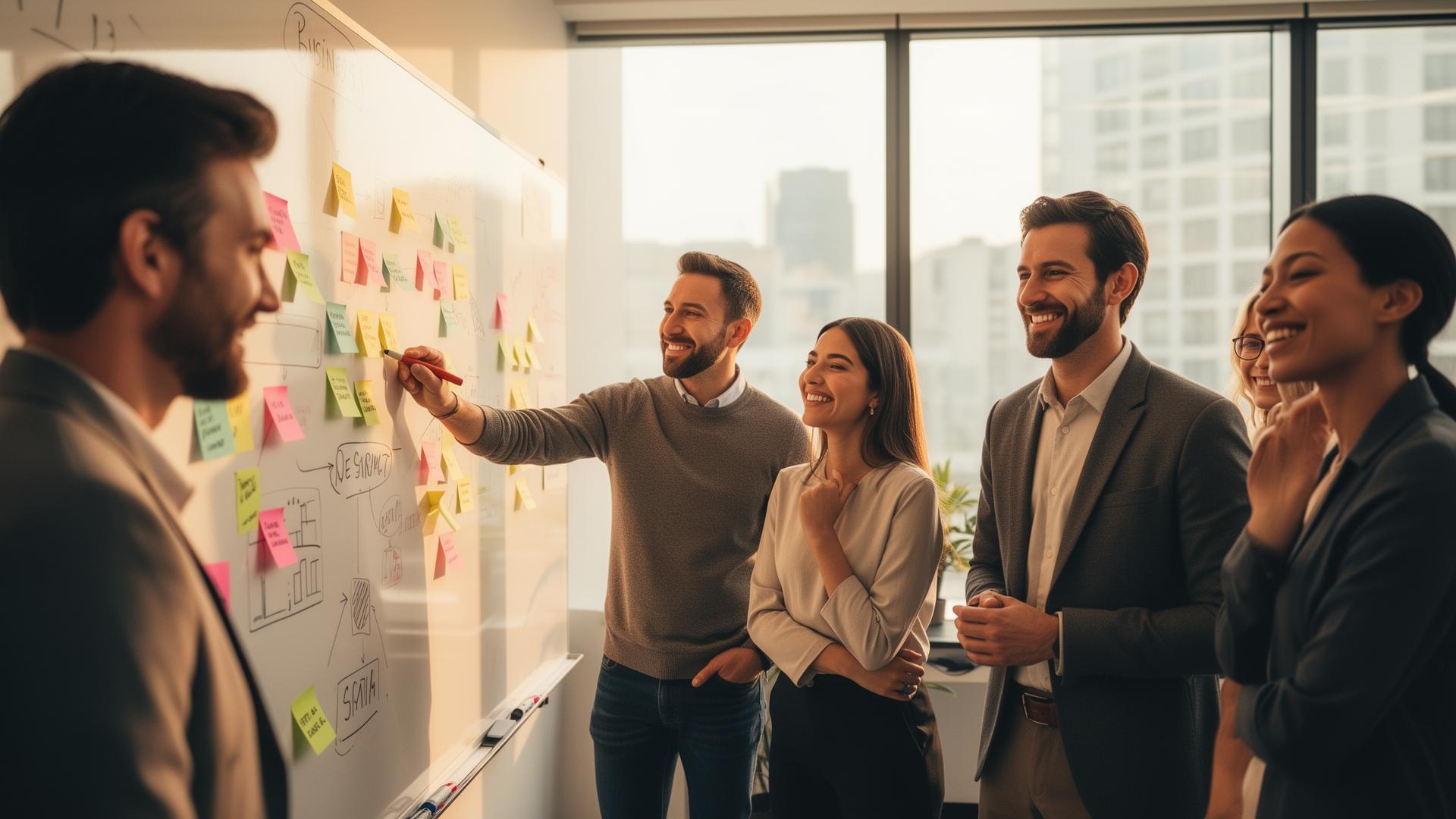 Founder and team mapping out business strategy on a whiteboard