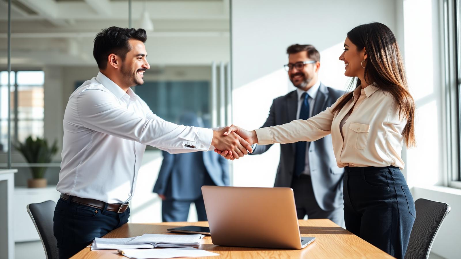 Two professionals shaking hands across a desk in a modern office