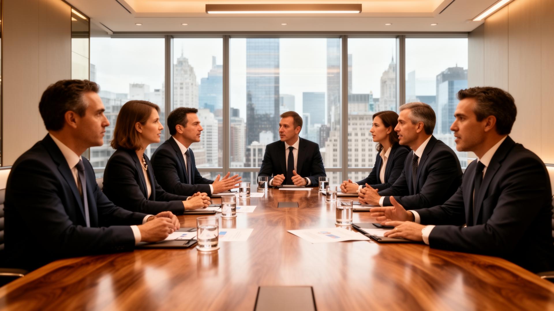 Executives in a refined boardroom mid-conversation with city skyline behind