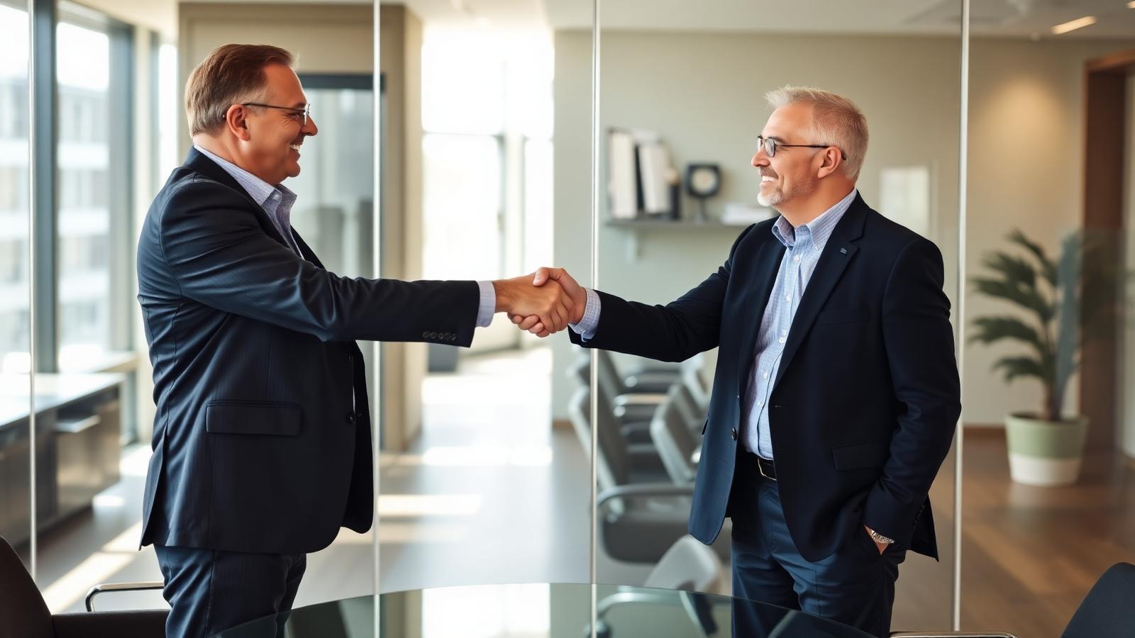 Two senior executives shaking hands signaling a strategic partnership