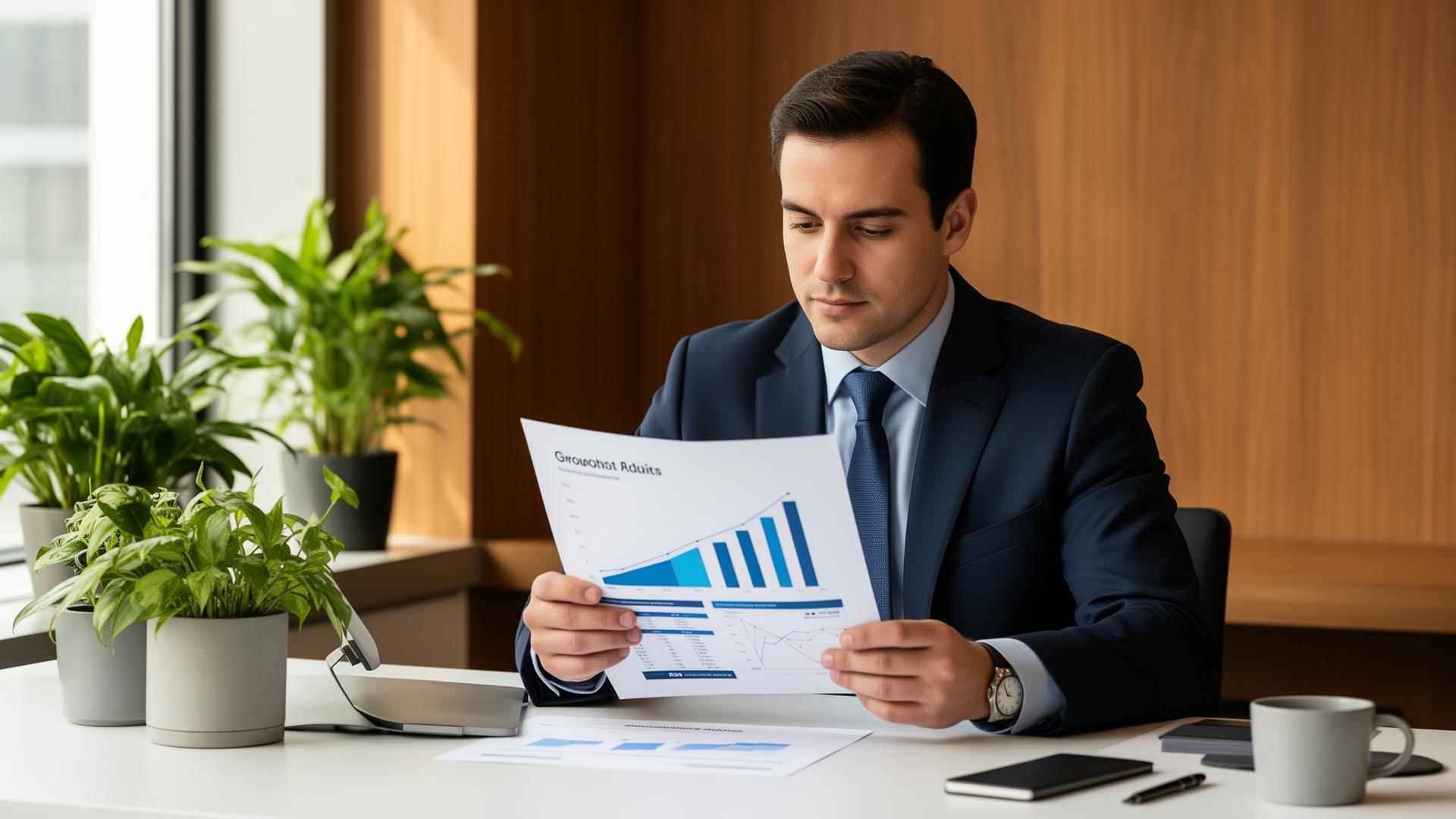 Business owner reviewing a growth report at a desk
