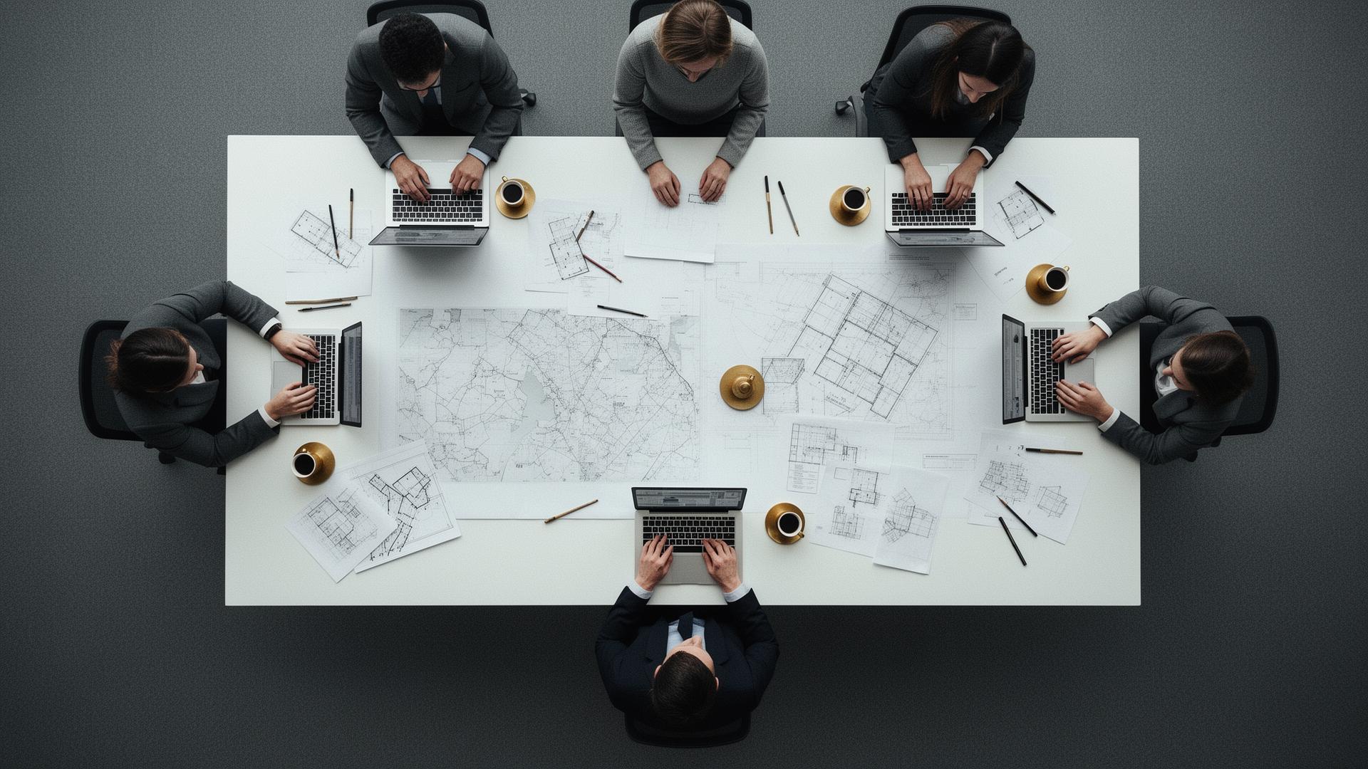 Overhead view of a team planning expansion around a long table