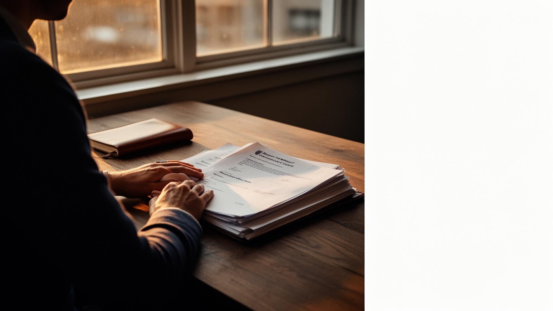 Founder at a desk reviewing business documents in late afternoon light